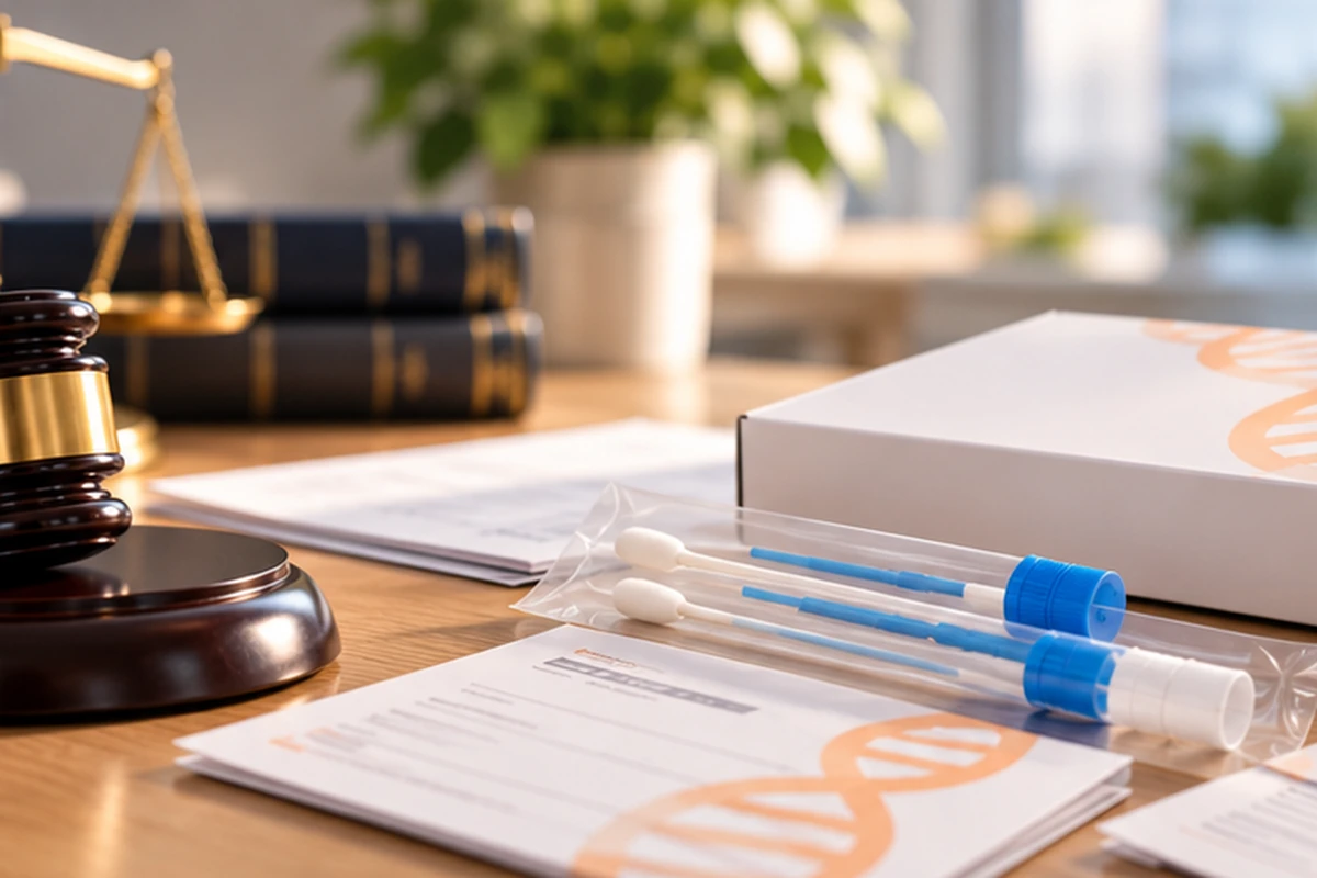 Ein DNA-Test-Set mit Abstrichtupfern und Unterlagen neben einem Richterhammer für einen gerichtlichen DNA-Test in der Schweiz.