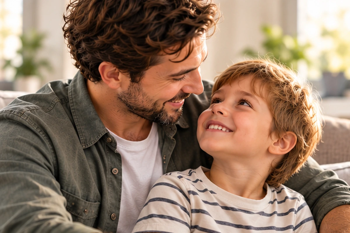 Ein glücklicher Vater und sein Sohn schauen sich liebevoll an, passend zum Thema DNA-Test Schweiz für eine sichere Vaterschaftsklärung.